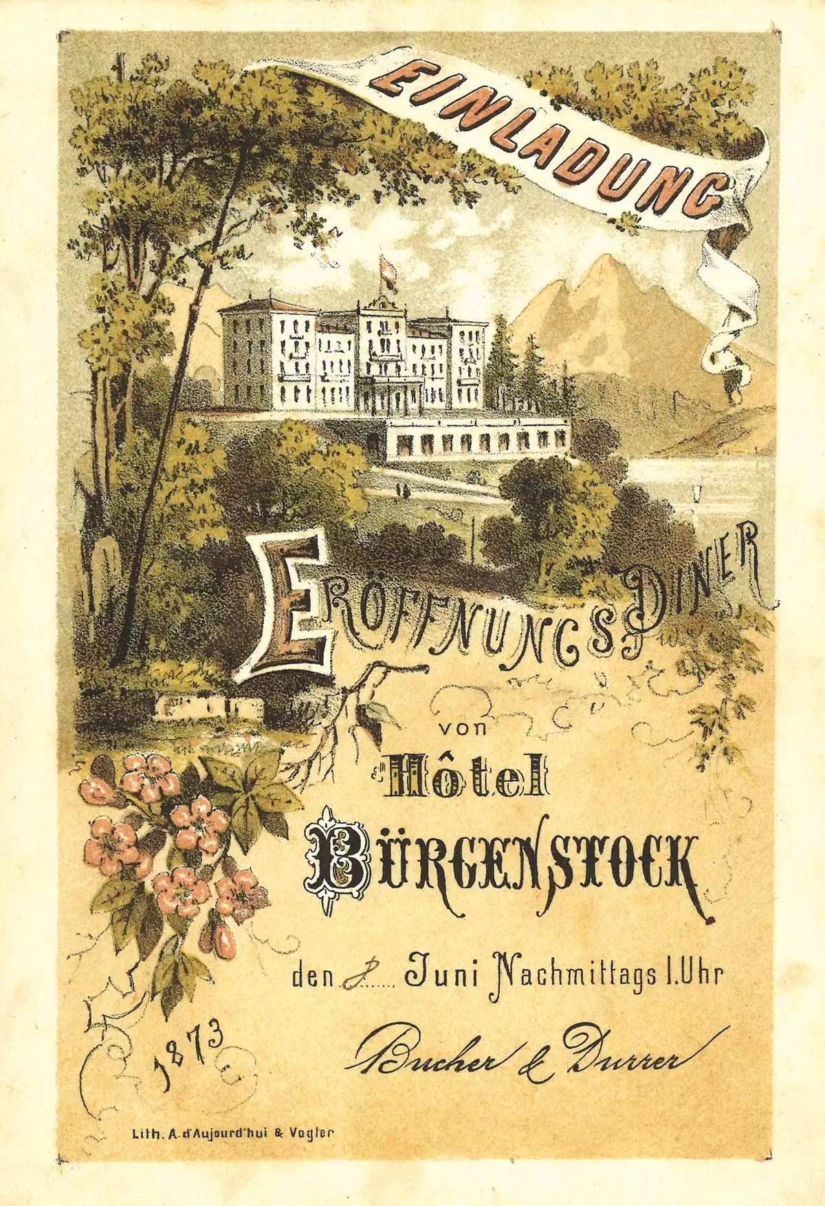 Documento del 1873 per l'apertura del Gran Hotel Bürgenstock