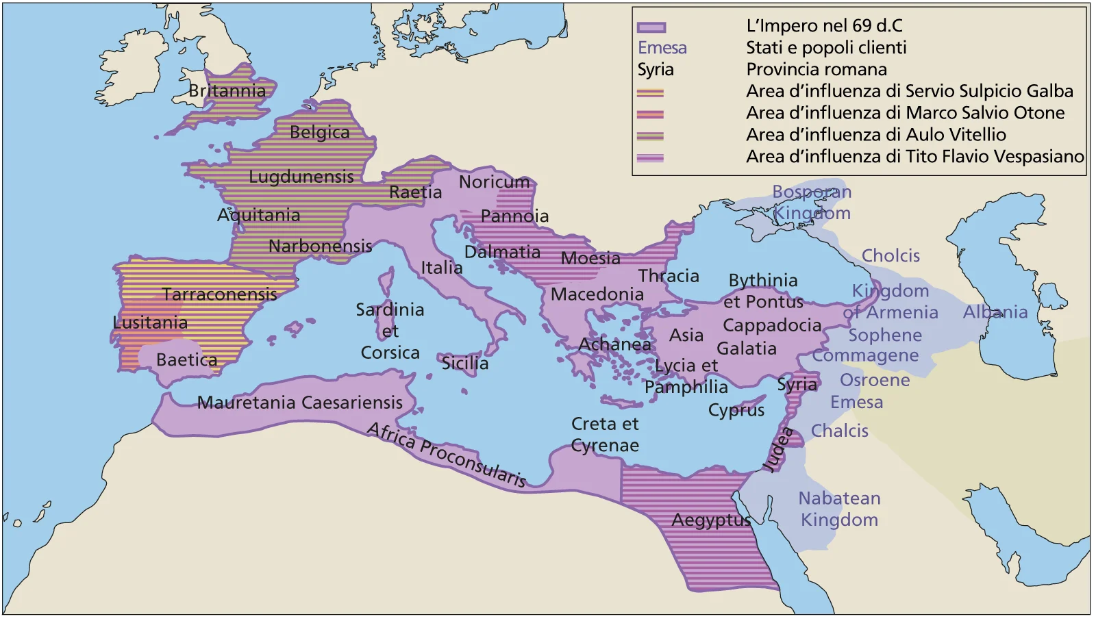Aree d’influenza dei quattro imperatori del 69 d.C.