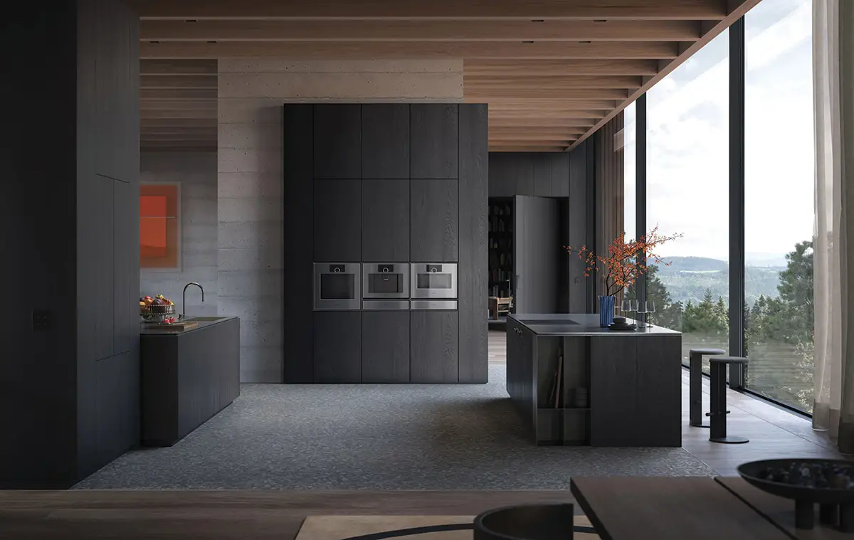 I forni e, al centro, la macchina per caffè della serie Gaggenau Expressive
