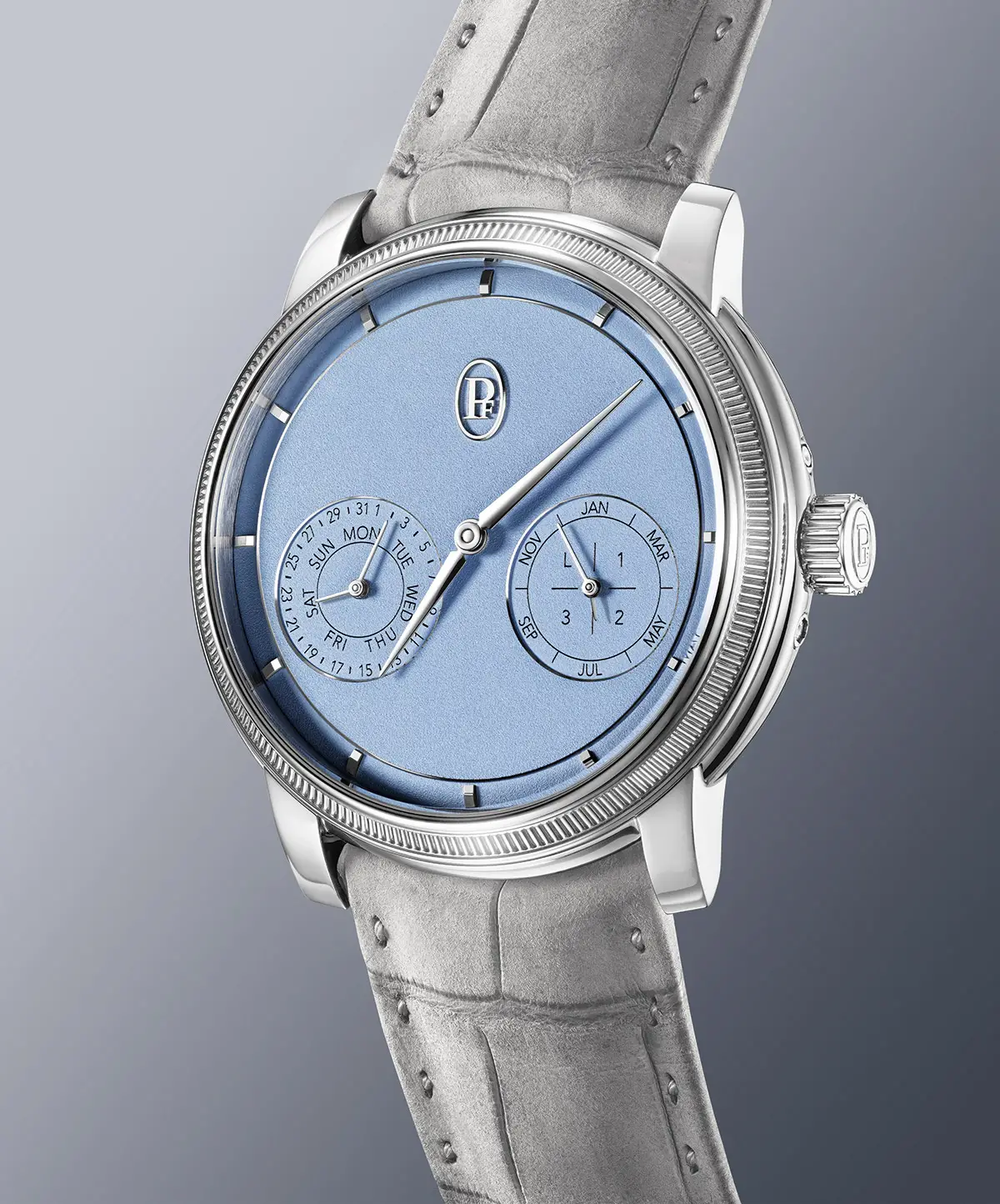 Orologio Parmigiani, Toric Quantieme Perpetuel, in oro bianco e colore Morning Blue.