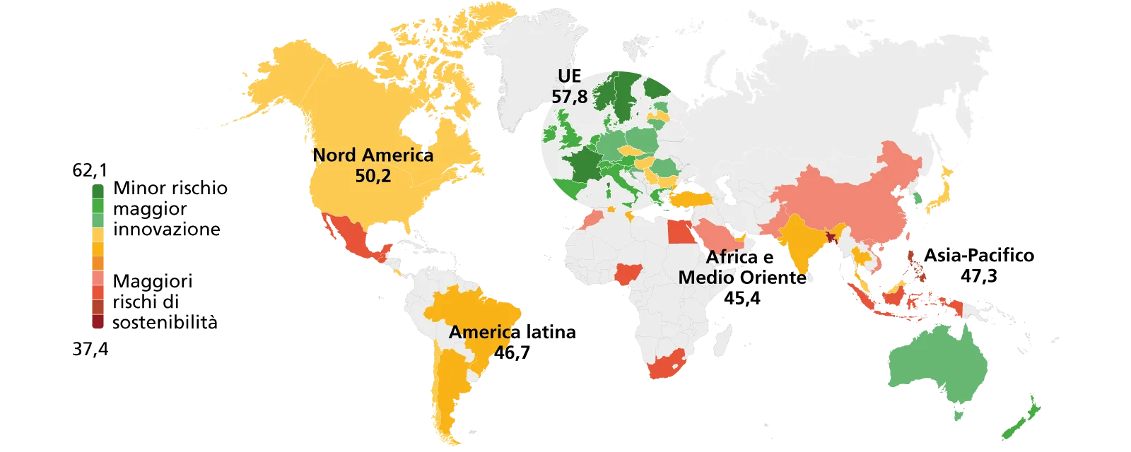 Mappa delle tendenze regionali, medie di punteggio delle regioni con più di 30 rating EcoVadis nel 2024