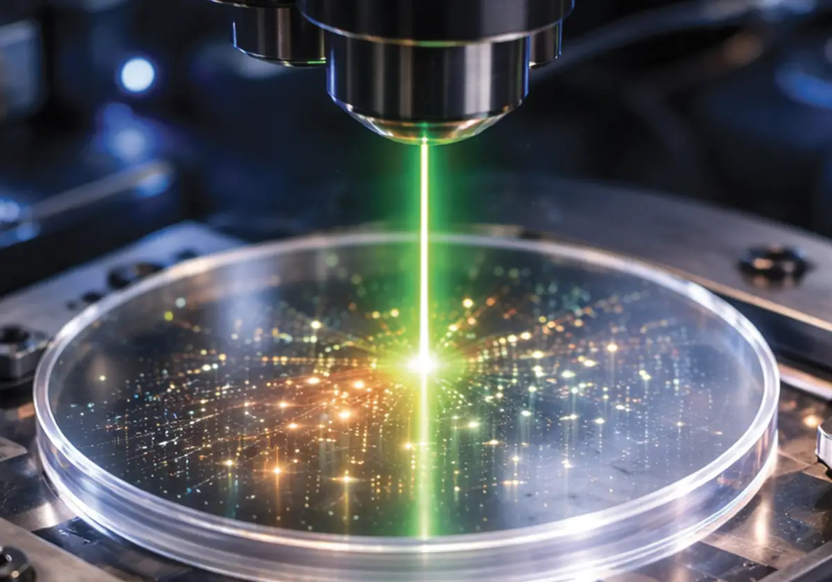 Il processo di registrazione laser 5D su dischi di vetro di silicio fusa.