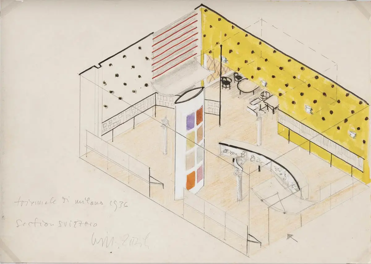 La vista isometrica, schizzo su cartoncino. Museum für Gestaltung Zürich / Grafiksammlung © max, binia + jakob bill stiftung/2026, ProLitteris, Zürich