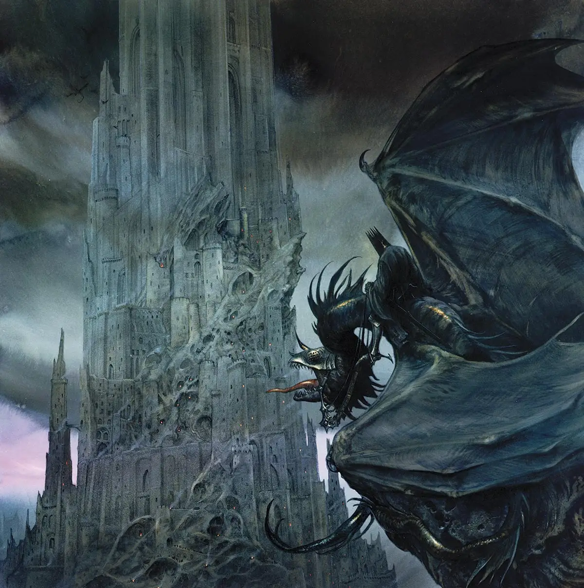 Dopo aver impresso nell’immaginario collettivo alcune delle più memorabili illustrazioni delle torri create da Tolkien (a sinistra, l’oscura Barad-dûr, 1990, inchiostro, acquerello e tempera su carta, 47,3 × 47,3 cm), © Harper Collins Publishers / The 1991 Tolkien Calendar, Allen & Unwin,1990