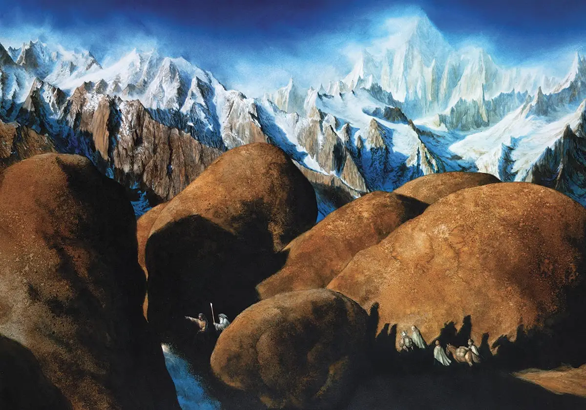 Tre magistrali creazioni di John Howe (tutte inchiostro, acquerello e tempera su carta). In alto, una delle sue preferite, la Compagnia che si avvicina a Caradhras (1989, 43,3 x 64,5 cm), da cui emerge la sua frequentazione delle Alpi svizzere (e il viaggio giovanile di Tolkien), © Harper Collins Publishers The 1991 Tolkien Calendar, Allen & Unwin,1990