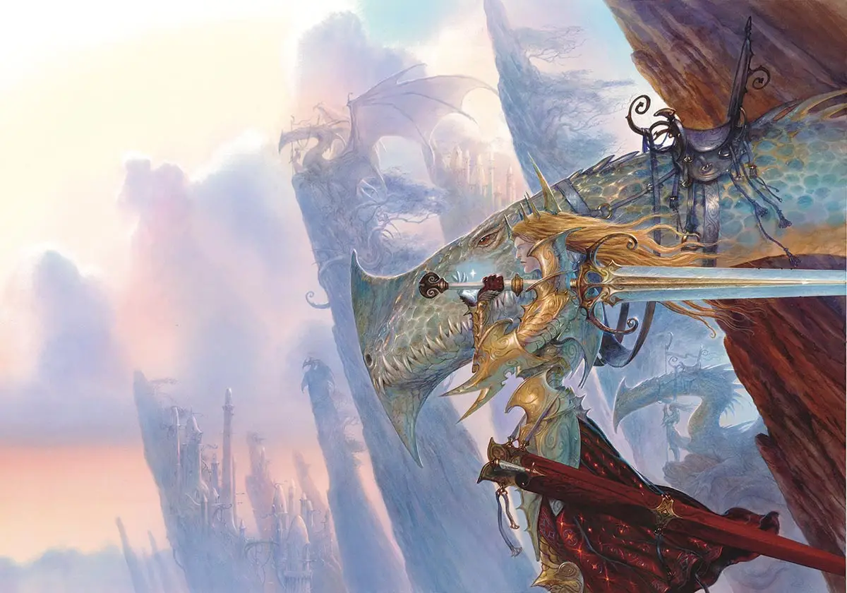 L’illustrazione Elfi e Draghi per il mensile Cry Havoc!, dedicato al celebre wargame tridimensionale Confrontation della francese Rackham, © Rackham Entertainment, Paris