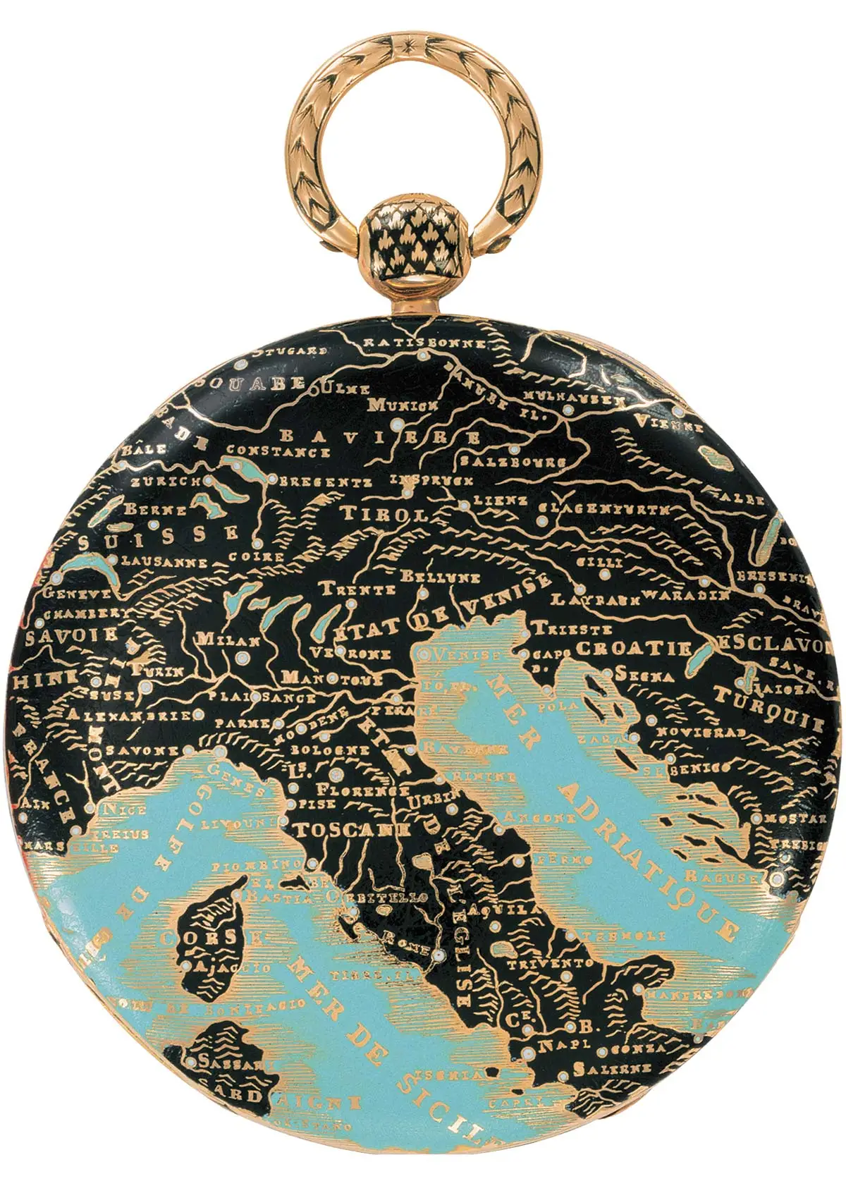 Orologio da tasca che reca la mappa del Nord Italia.